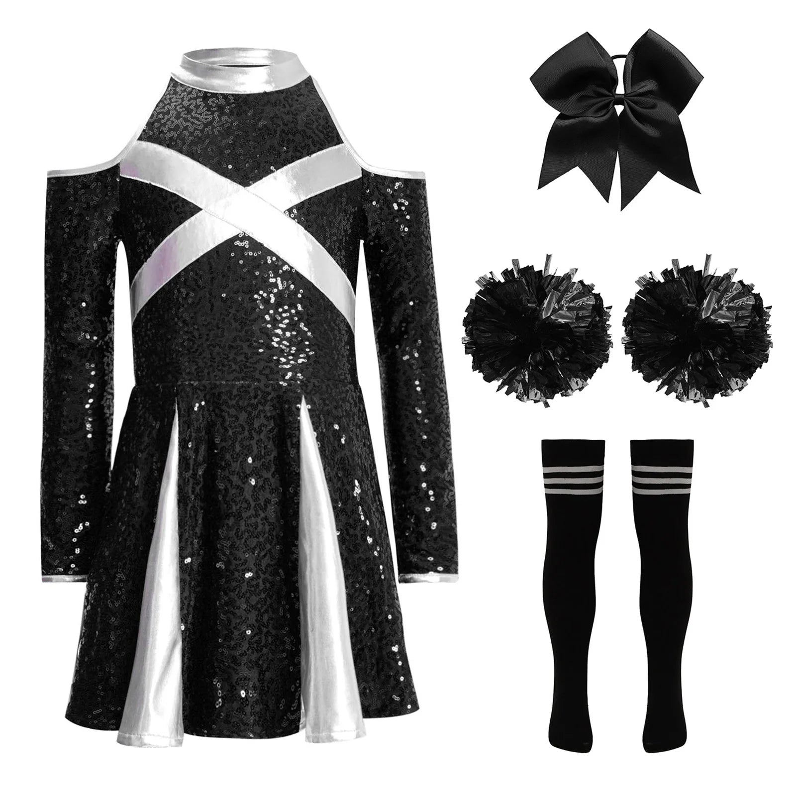 Uniformes de pom-pom girl pour enfants filles, 4 pièces, tenue de danse à l'école, paillettes brillantes, robe à épaules dénudées, déguisement de pom-pom girl de carnaval
