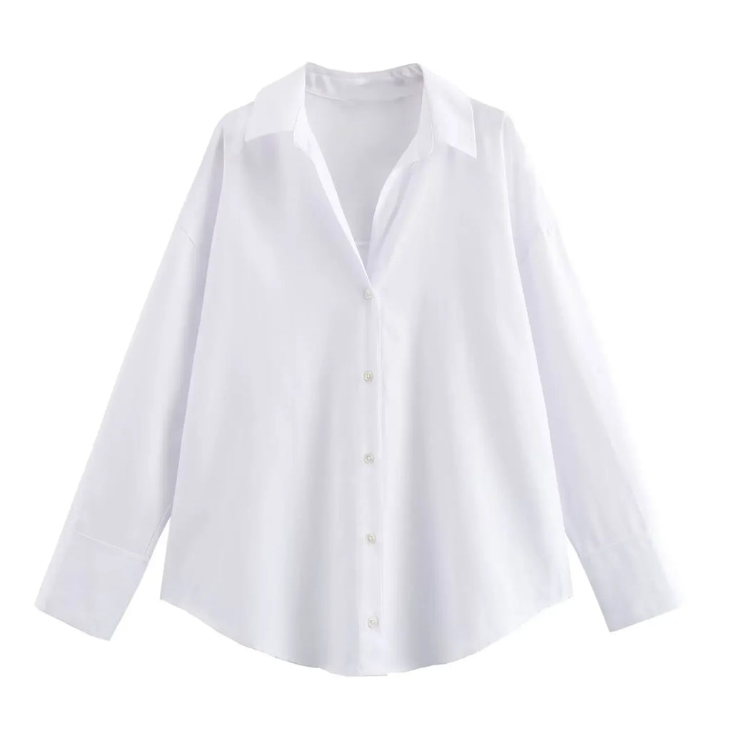 TRAF femmes mode printemps coton Oxford à manches longues simple boutonnage revers Blouse vêtements de rue chemise Chic dames hauts Mujer