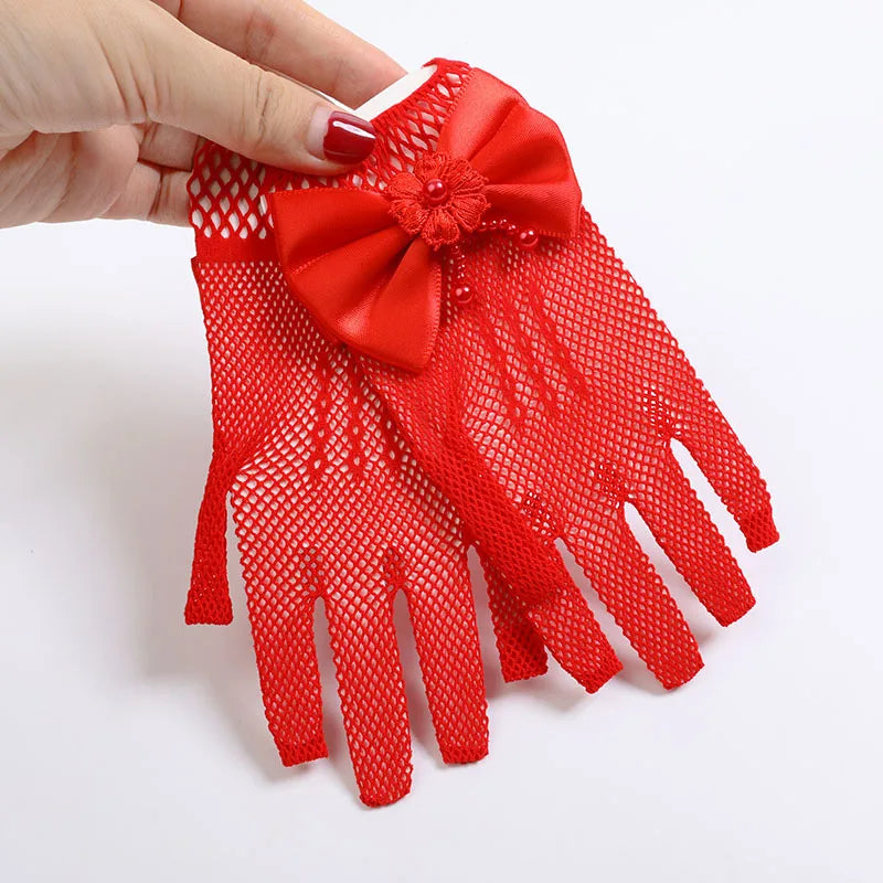 Gants de princesse tendance pour mariage, en maille, pour soirée, accessoires de fête pour enfants, avec un nœud d'anniversaire, gants de performance pour