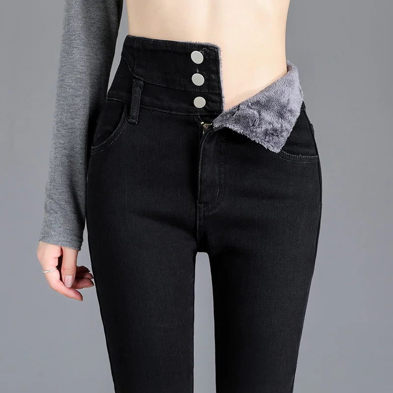 Thermique Hiver Épais Polaire taille Haute Chaud Skinny Jeans Épais Femmes Bouton Extensible Crayon Pantalon Maman Décontracté Velours Jeans