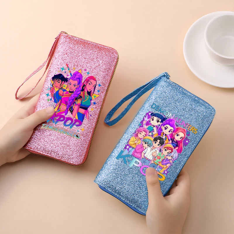 Portefeuille long KPop Demon Hunters pour femmes, à paillettes et fermeture éclair, en cuir PU, porte-monnaie, porte-cartes d'identité, pochette pour femme