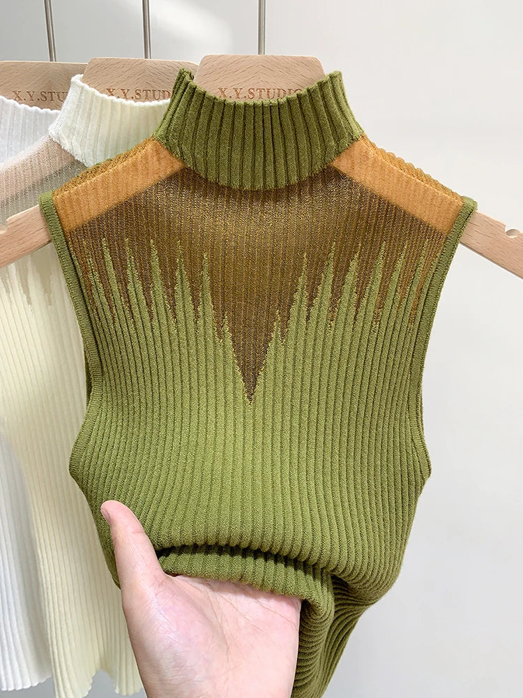 Maille Haut Tricoté Femmes Y2K Débardeur Demi-Cou Gilet Femme Pull Sans Manches Chic Découpé Streetwear Solide Skinny Bustier Tubulaire