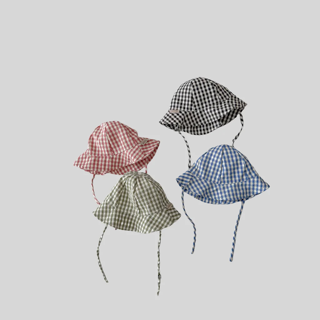Chapeau bob à carreaux style Instagram pour bébé, idéal pour le printemps et l'été, avec bord fin et large, protection solaire et sangle ajustable