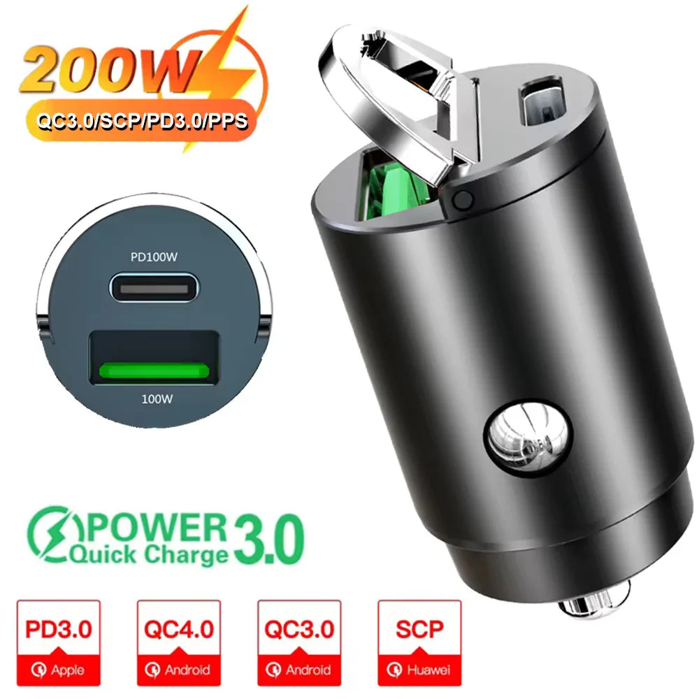 Mini chargeur de voiture 100W/200W QC3.0 PD, briquet 12-24V, charge rapide, USB Type C, pour Xiaomi Samsung Huawei iPhone Power