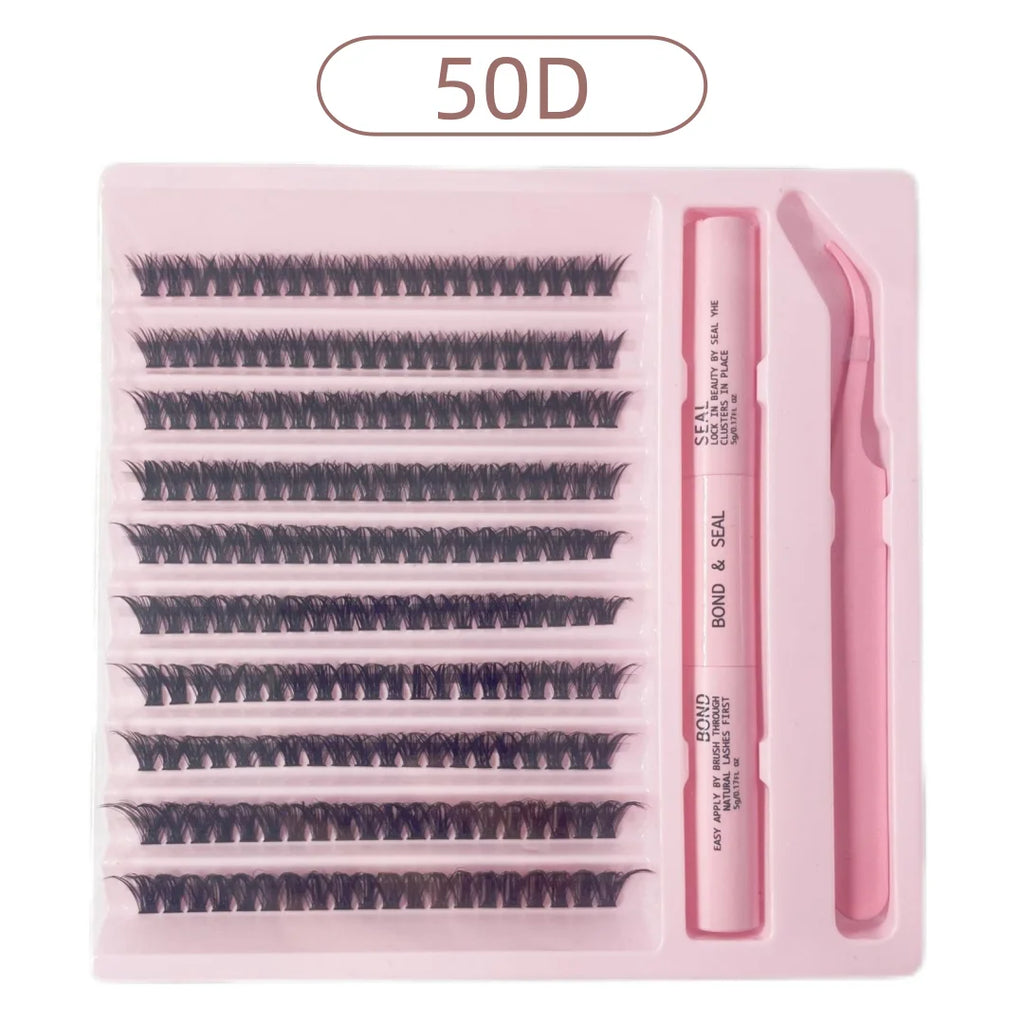 DiY Cluster Lashes Kit 200 Pcs: 8-16mm Mixed, Bond & Seal Glue, Tweezers for Natural Self Application Look
