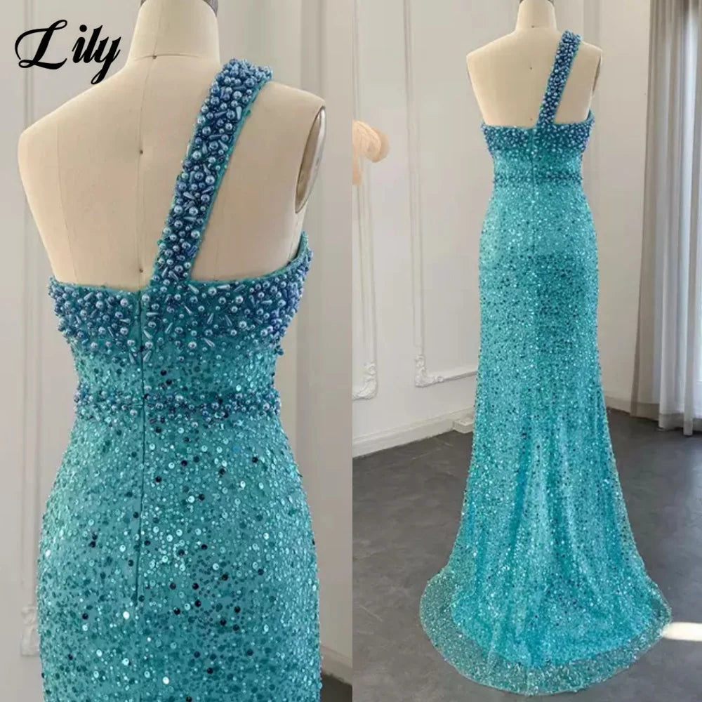 Robe de bal Lily Blue somptueuse ornée de strass, robe de soirée asymétrique sans manches, perles et sequins, robe sirène sur mesure