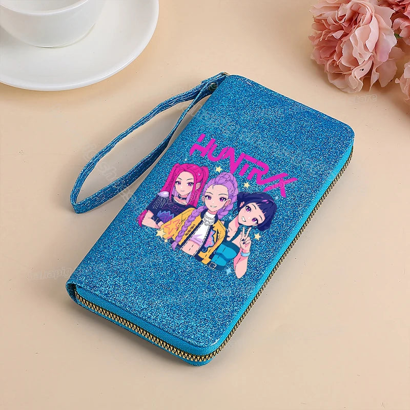 Portefeuille long KPop Demon Hunters pour femmes, à paillettes et fermeture éclair, en cuir PU, porte-monnaie, porte-cartes d'identité, pochette pour femme