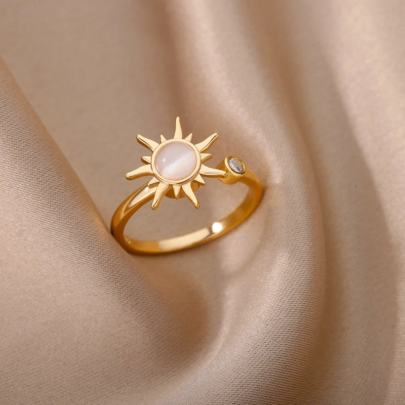 Bagues solaires en pierre opale en acier inoxydable pour femmes et hommes, décor étoile solaire, anneaux ouverts couleur or, bijoux esthétiques romantiques, cadeau de Couple