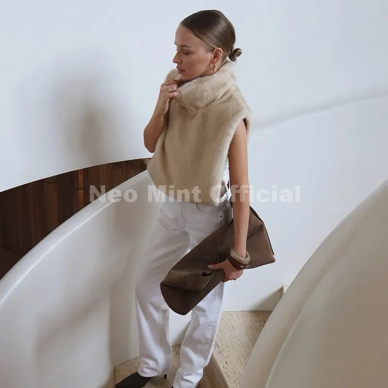 Neo Mint 2025 marque mode fausse fourrure Sable gilet haut court automne hiver col roulé Eco vison fourrure débardeurs sans manches veste manteau