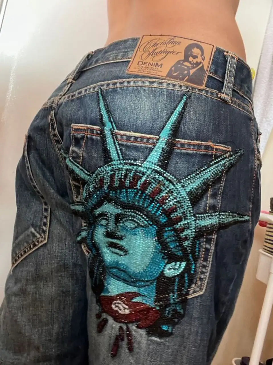 Vintage Statue de la liberté diamants jean pantalon en denim décontracté taille haute droite jambe large jean Harajuku Y2k années 2000 vêtements pour femmes