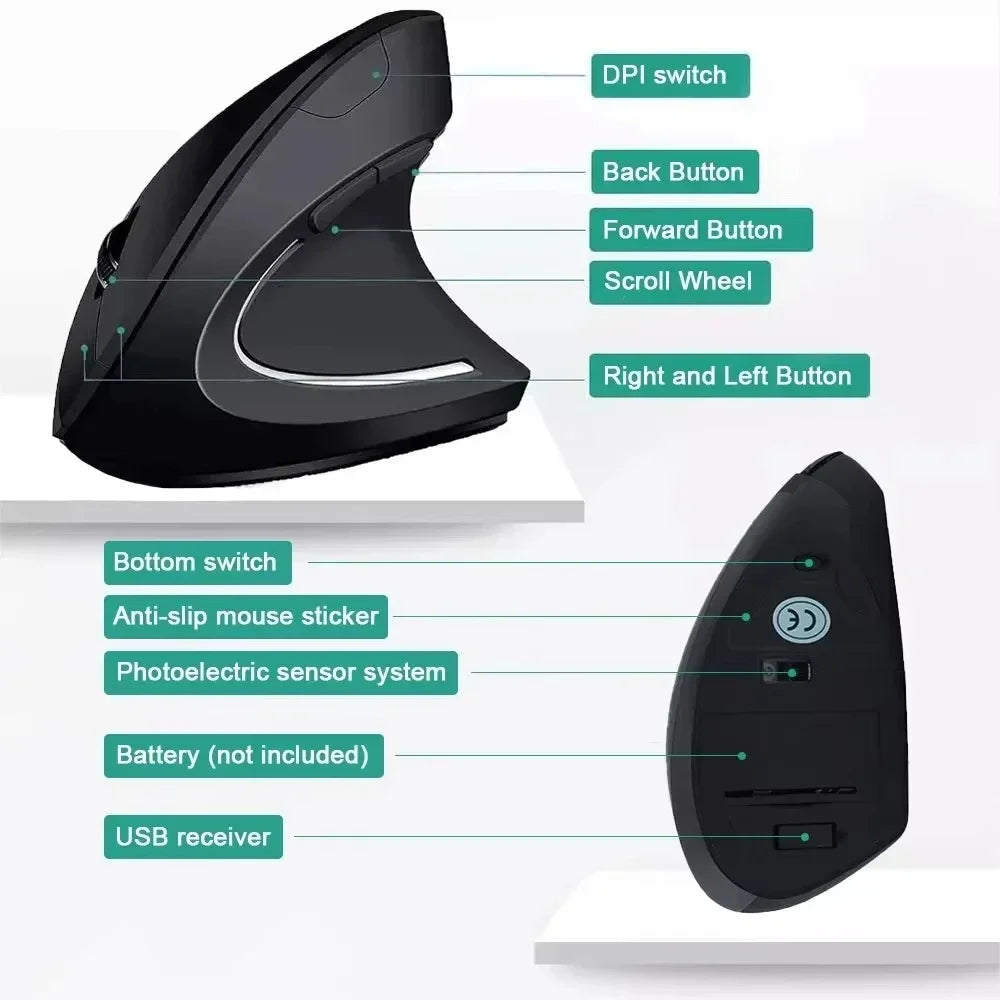Souris verticale ergonomique 2.4GHz, optique sans fil, 3 DPI réglables, 800/1200/1600, 6 boutons, pour ordinateur portable, ordinateur de bureau