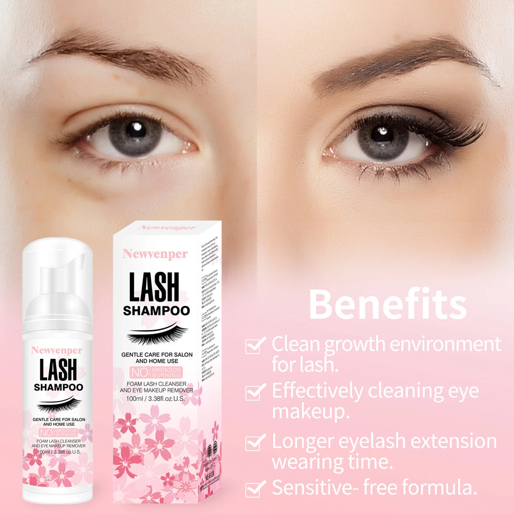 Shampoing moussant pour cils 100 ml + brosse et applicateur de mascara pour les paupières, nettoyant et démaquillant pour extensions de cils et extensions de cils