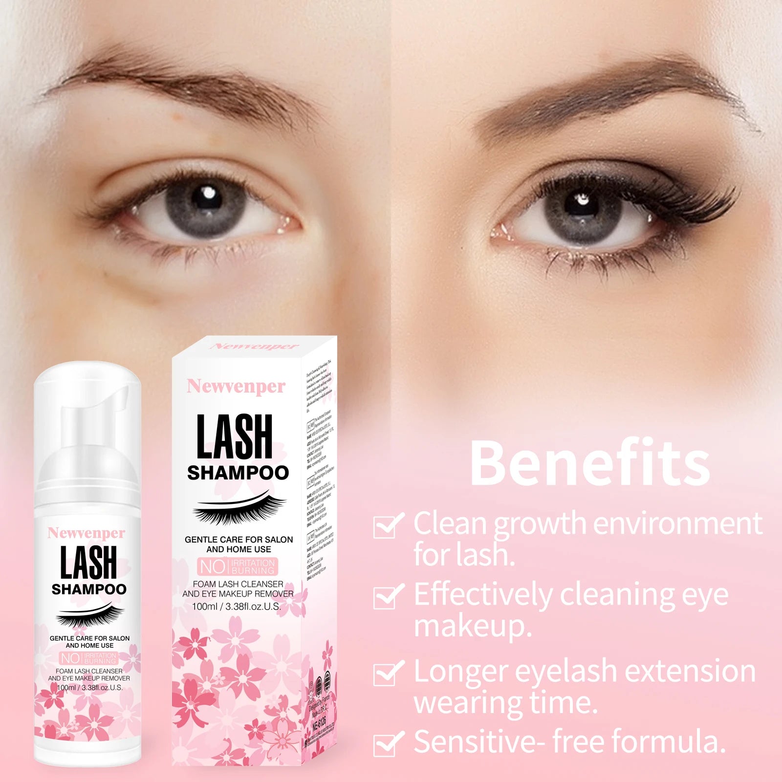Shampoing moussant pour cils 100 ml + brosse et applicateur de mascara pour les paupières, nettoyant et démaquillant pour extensions de cils et extensions de cils