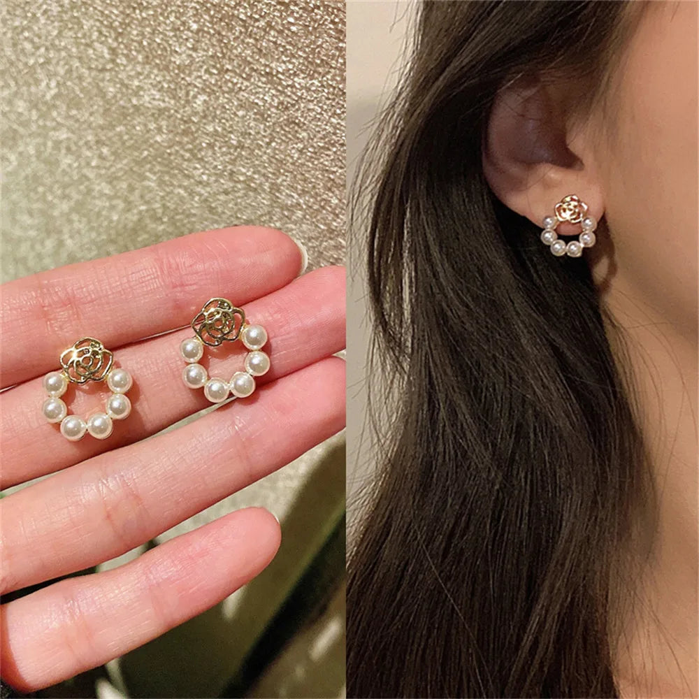 Boucles d'oreilles coréennes en cristal brillant avec strass et perles pour femmes et filles, bijoux faits à la main, Micro pavé de fleurs et de cœur
