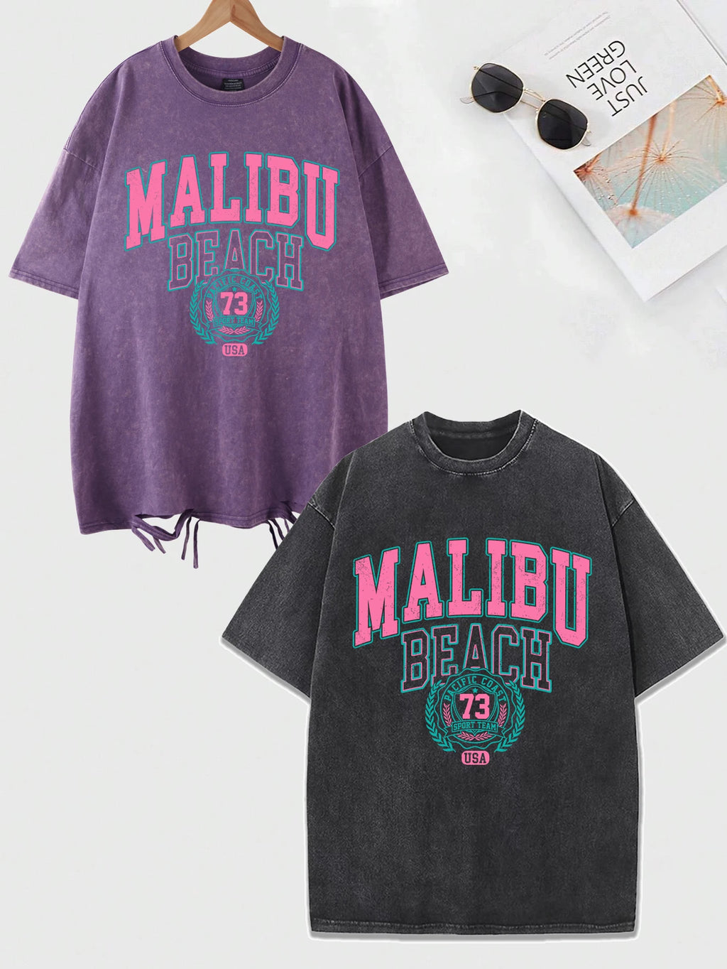 Malibu Beach T-Shirt lavé femmes lettre impression coton T-Shirt confortable col rond hauts décontracté surdimensionné t-shirts vêtements féminins