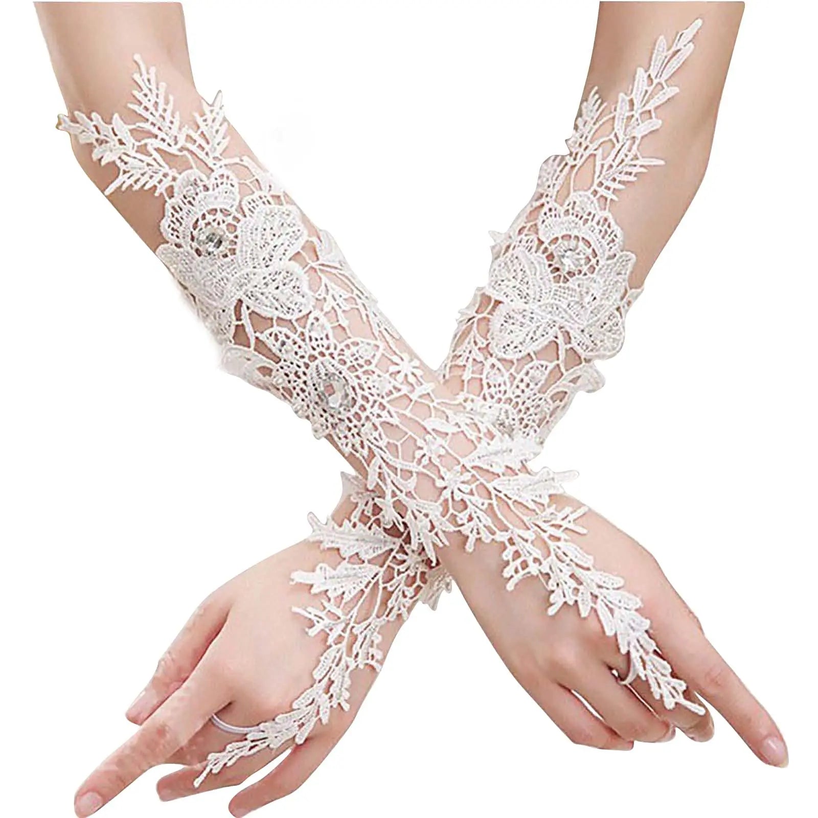 Gants de mariage longs en dentelle et cristal, sans doigts, à motif floral ivoire, pour la mariée