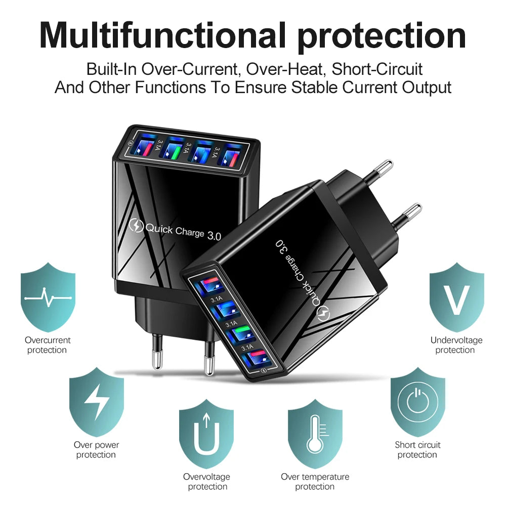 Chargeur secteur 3,1 A (UE/US) avec 4 ports USB pour la maison et les voyages, compatible avec iPhone 12, 13, 14, 15 Pro Max, Samsung, Xiaomi et Huawei