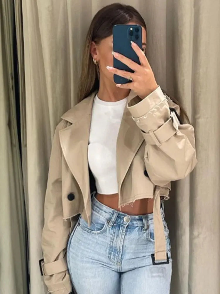 Veste Trench courte avec ceinture pour femme, Streetwear Vintage, Double boutonnage, manches longues, haut, manteau féminin, tenues de printemps, 2024