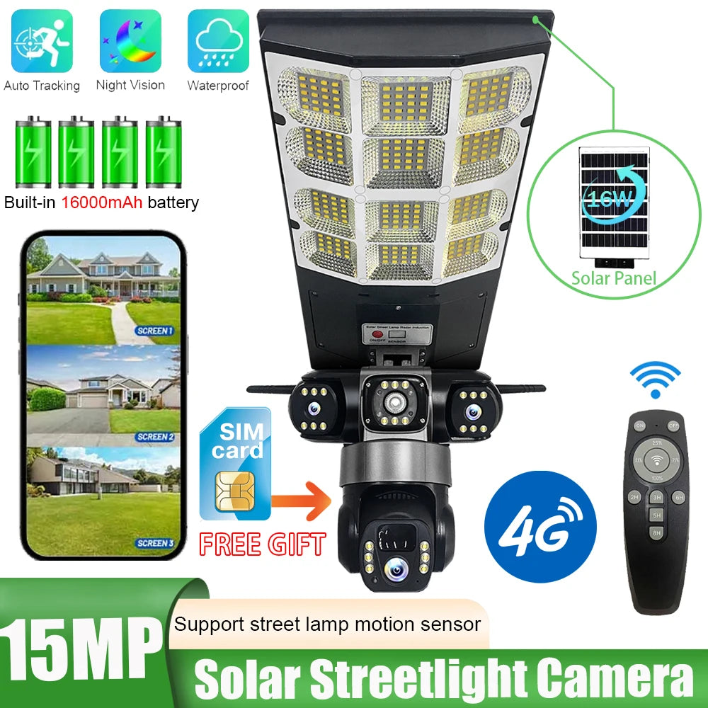 Caméra solaire capteur réverbère LED 3 Modes d'éclairage trois objectifs 4G 15MP caméras de Surveillance extérieure IP66 étanche télécommande