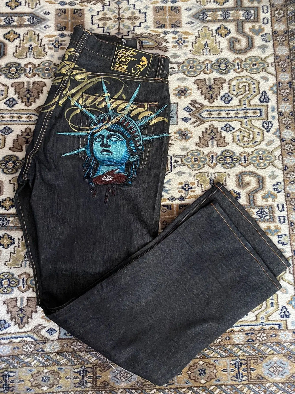 Vintage Statue de la liberté diamants jean pantalon en denim décontracté taille haute droite jambe large jean Harajuku Y2k années 2000 vêtements pour femmes
