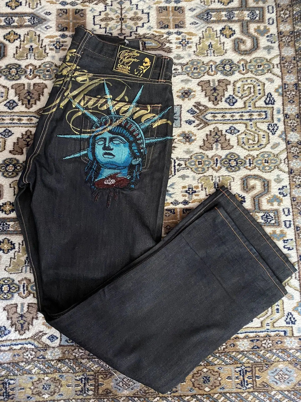 Vintage Statue de la liberté diamants jean pantalon en denim décontracté taille haute droite jambe large jean Harajuku Y2k années 2000 vêtements pour femmes