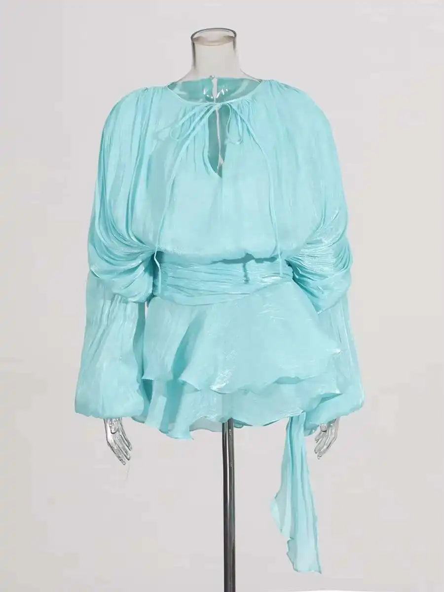 TWOTWINSTYLE – Mini robe chemisier unie pour femmes, col en V, manches longues, à lacets épissés, Style doux, vêtements féminins à la mode