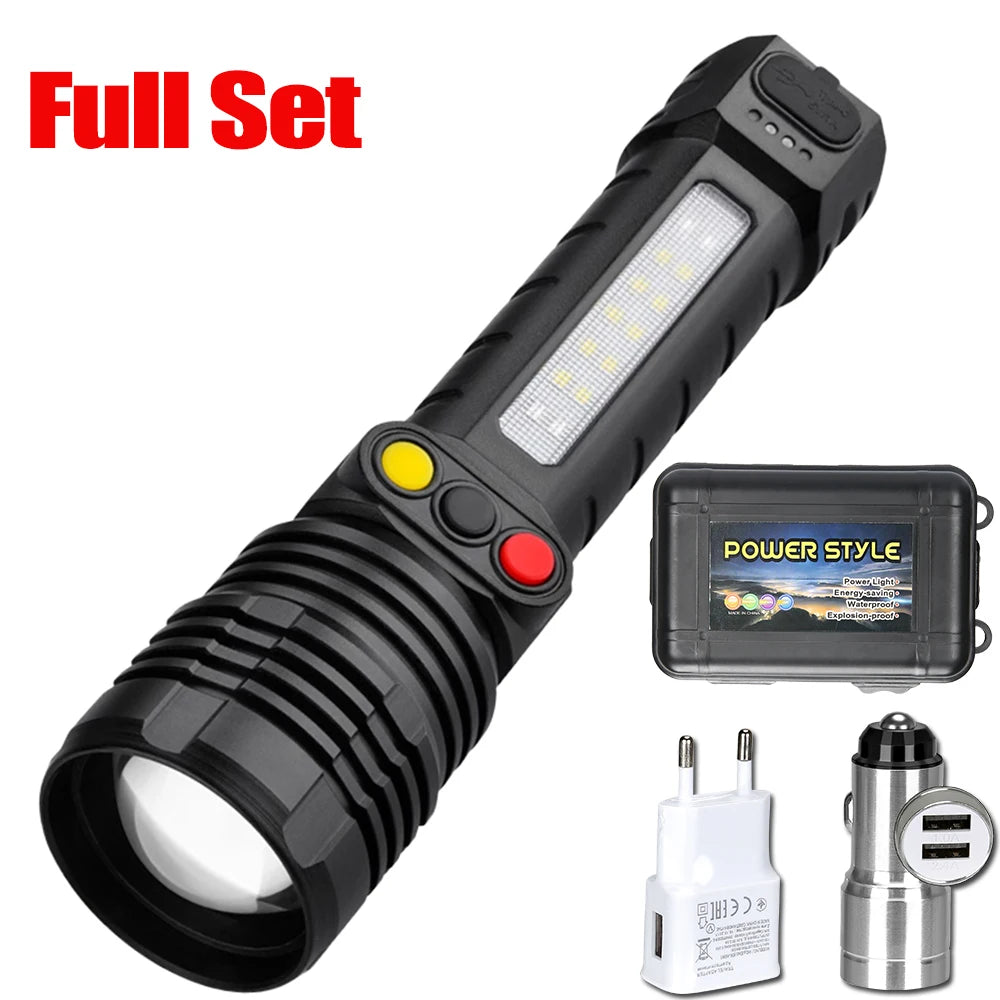 Lampe de poche haute puissance 3LED + COB, Rechargeable par USB, Ultra puissante, lanterne tactique, 10 modes, lampe de pêche pour Camping en plein air