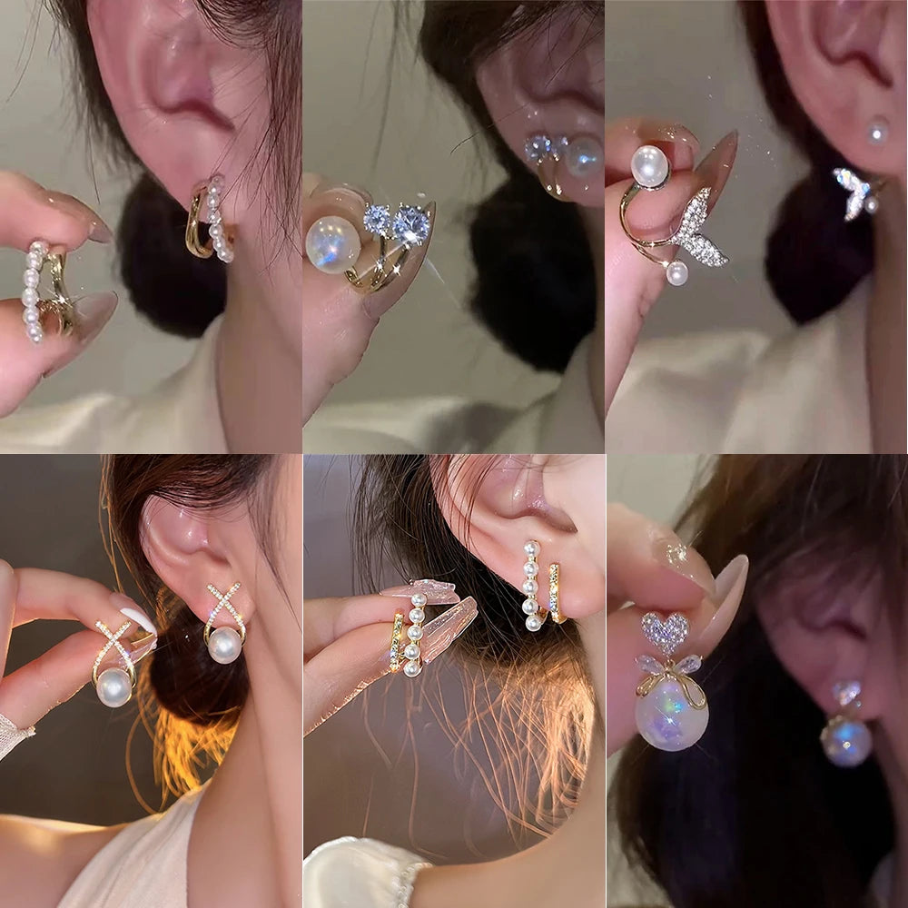 Boucles d'oreilles coréennes en cristal brillant avec strass et perles pour femmes et filles, bijoux faits à la main, Micro pavé de fleurs et de cœur