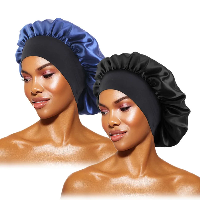 Bonnets solides en Satin pour femmes, Bonnet de bain à larges bords pour dormir la nuit, unisexe, bandeau élastique, Bonnet de soins capillaires