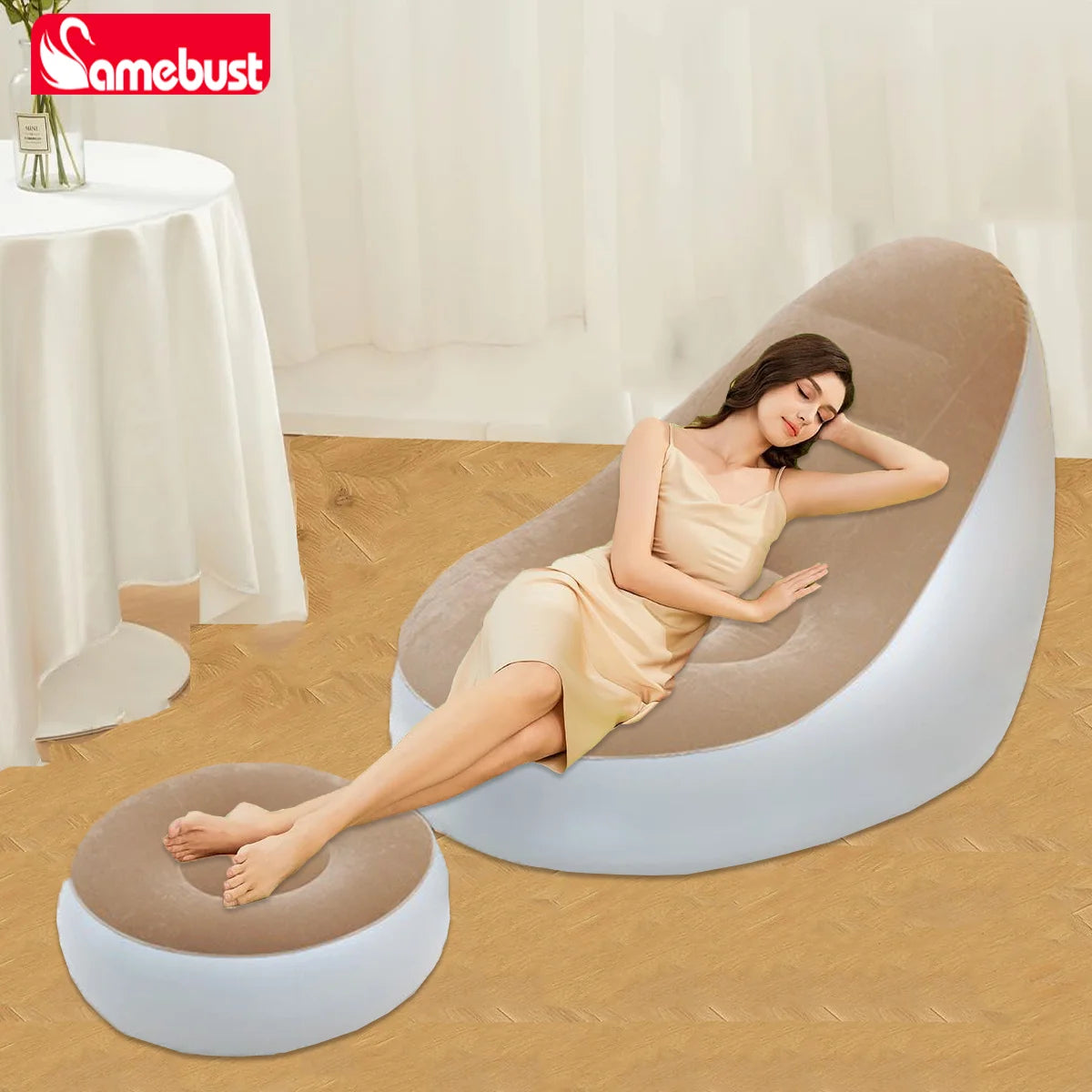 Canapé gonflable Camebust - Revêtement floqué, repose-pieds en PVC de haute qualité, gonflage rapide, fauteuil relax marron