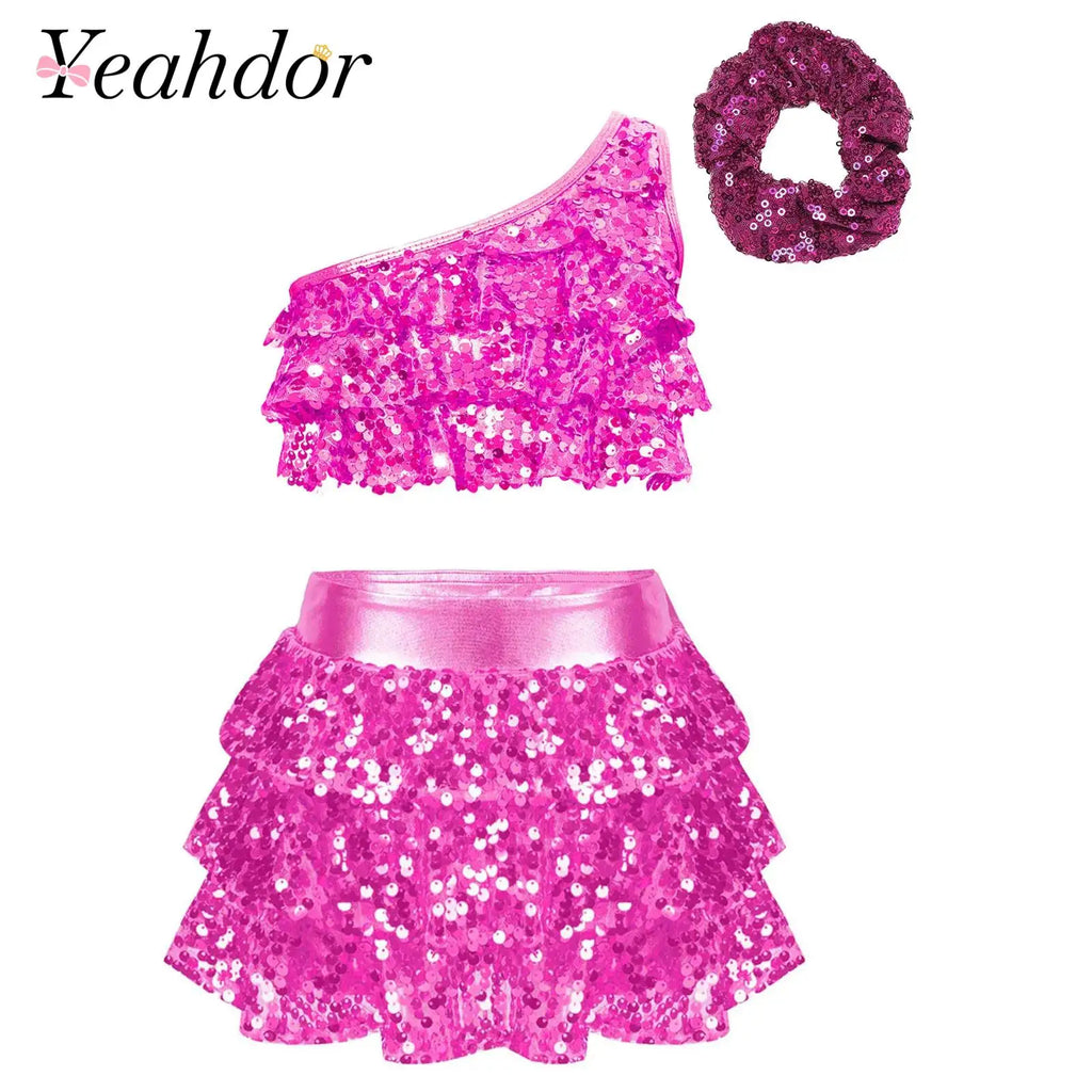 Costume de danse Jazz latine à paillettes brillantes pour enfants filles, tenue de fête, spectacle sur scène, deux pièces, vêtements de danse pour enfants