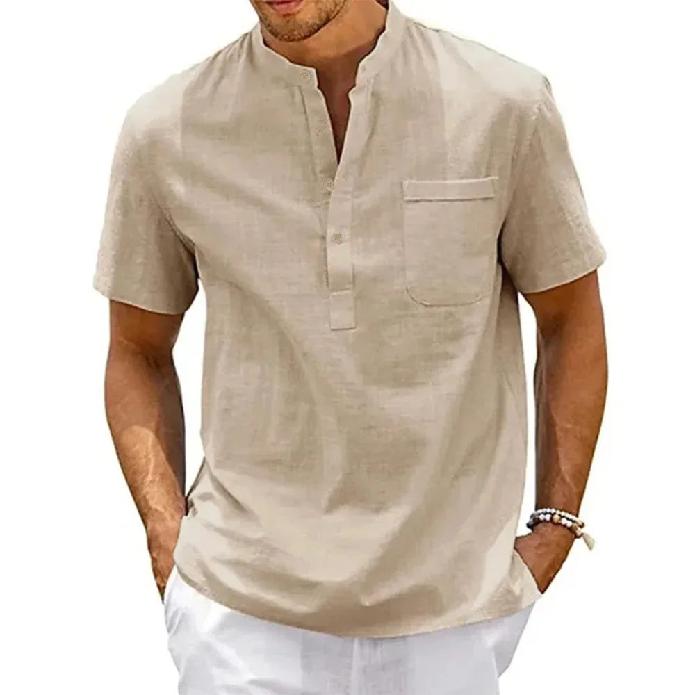Chemise en coton et lin pour homme, col Henley, poche, manches courtes, style décontracté, couleur unie, style streetwear vintage