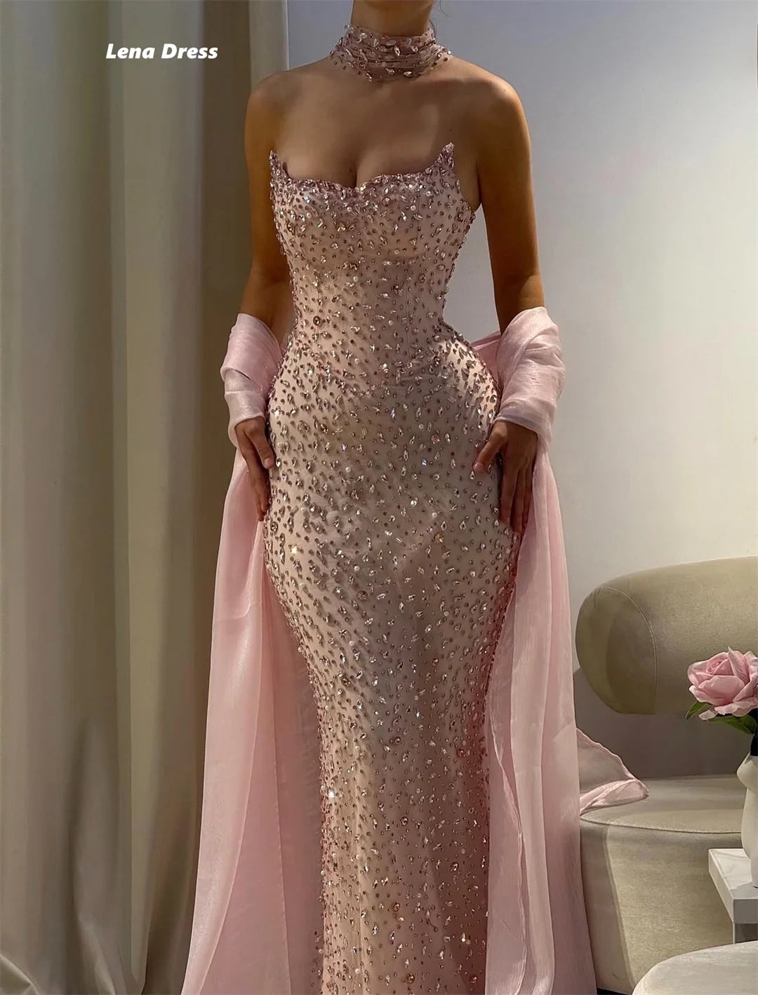 Robe de soirée Lena personnalisée pour femme, ornée de strass, élégante robe longue rose brillante, coupe sirène.