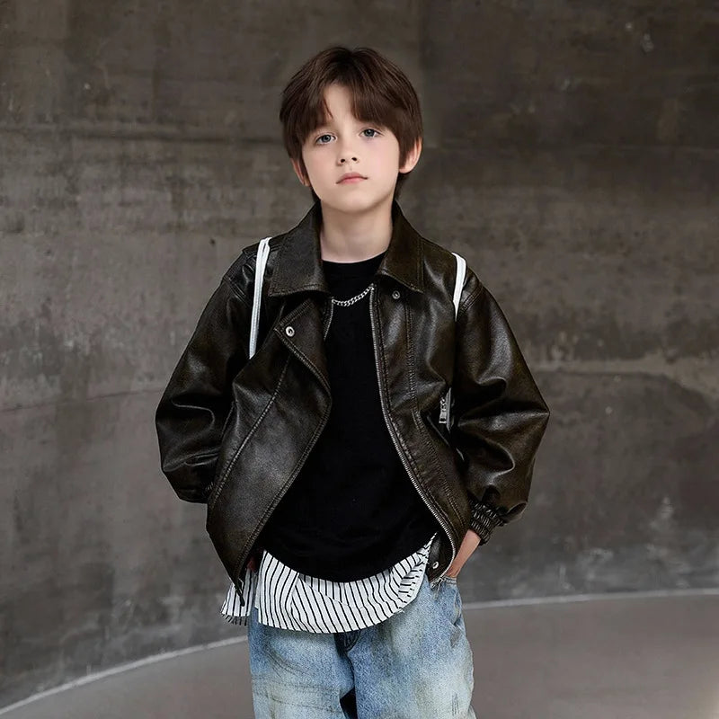Manteau imperméable et coupe-vent pour garçons de 2 à 12 ans, vert foncé, veste en cuir Pu pour moto, Rock noir, vêtements de photographie de rue pour enfants