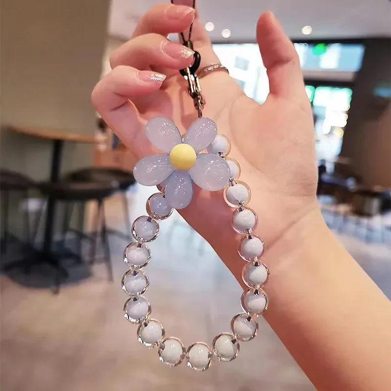 Lanière de téléphone Anti-perte pour clé, pendentif de poignet court, Macaron coloré, perle ronde, chaîne à main pour femmes, lanière de téléphone portable