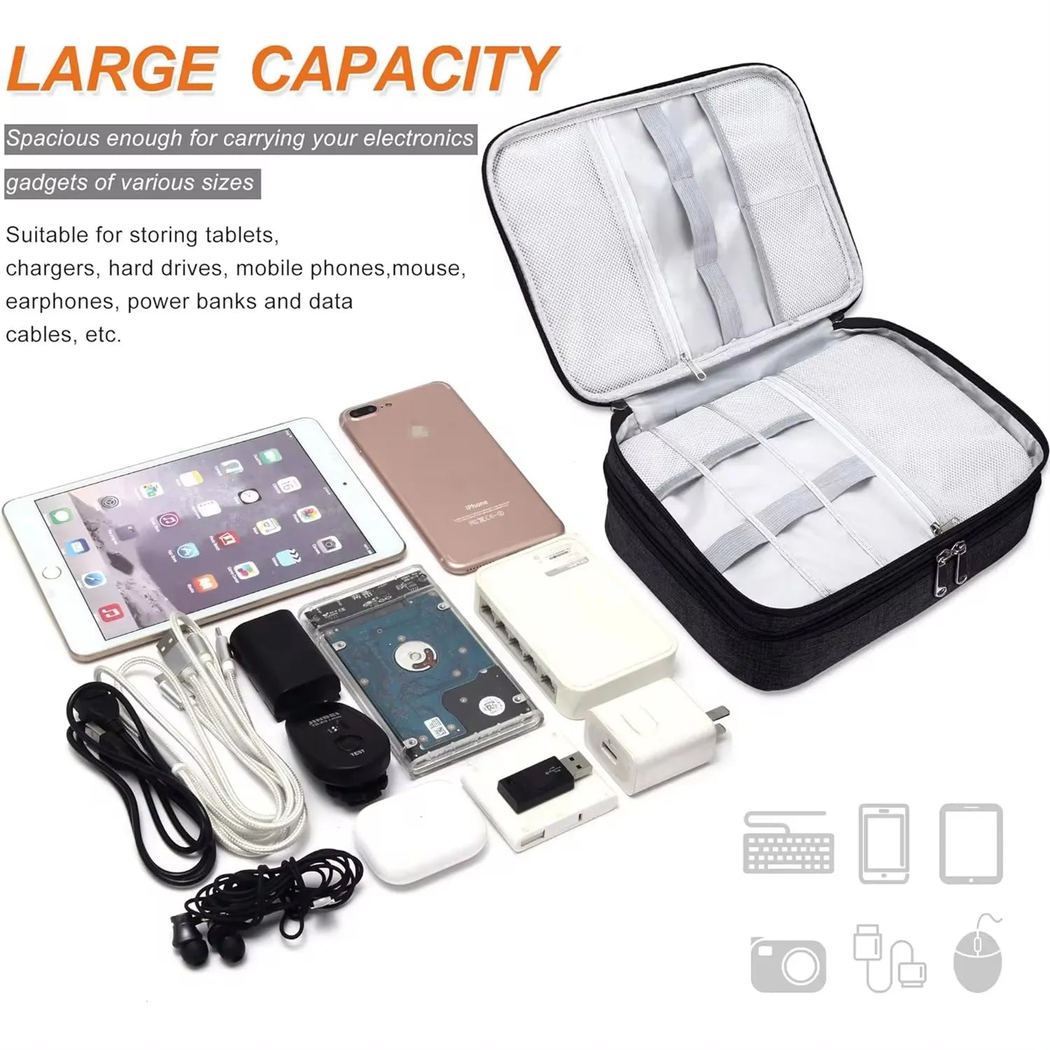Sac de rangement de câbles étanche, organisateur d'accessoires électroniques numériques, étui de rangement de câbles de voyage Portable pour chargeur de câbles