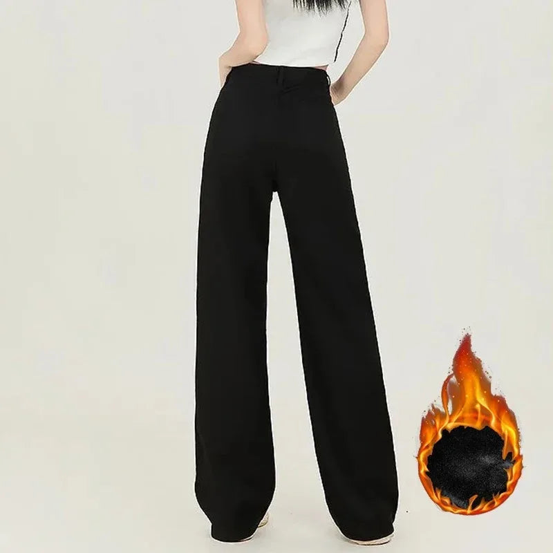 Jean droit thermique en polaire coréenne pour femme et fille, pantalon en Denim, chaud et décontracté, taille haute, jambes amples, pour tous les jours, hiver