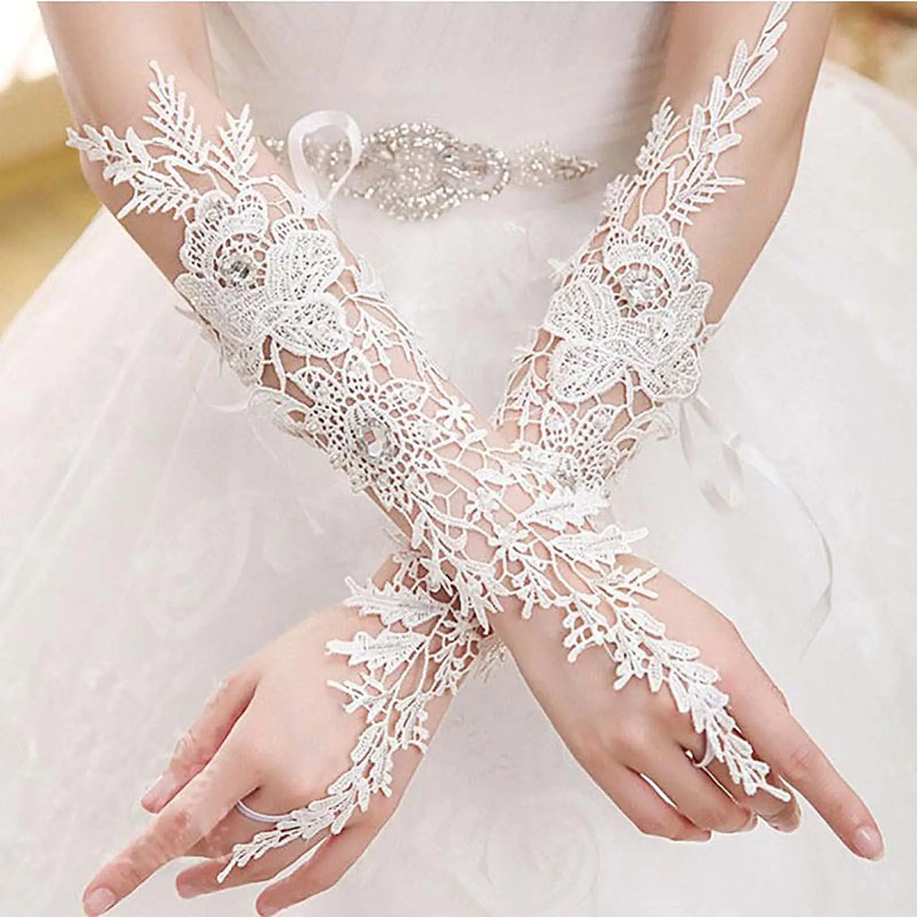 Gants de mariage longs en dentelle et cristal, sans doigts, à motif floral ivoire, pour la mariée