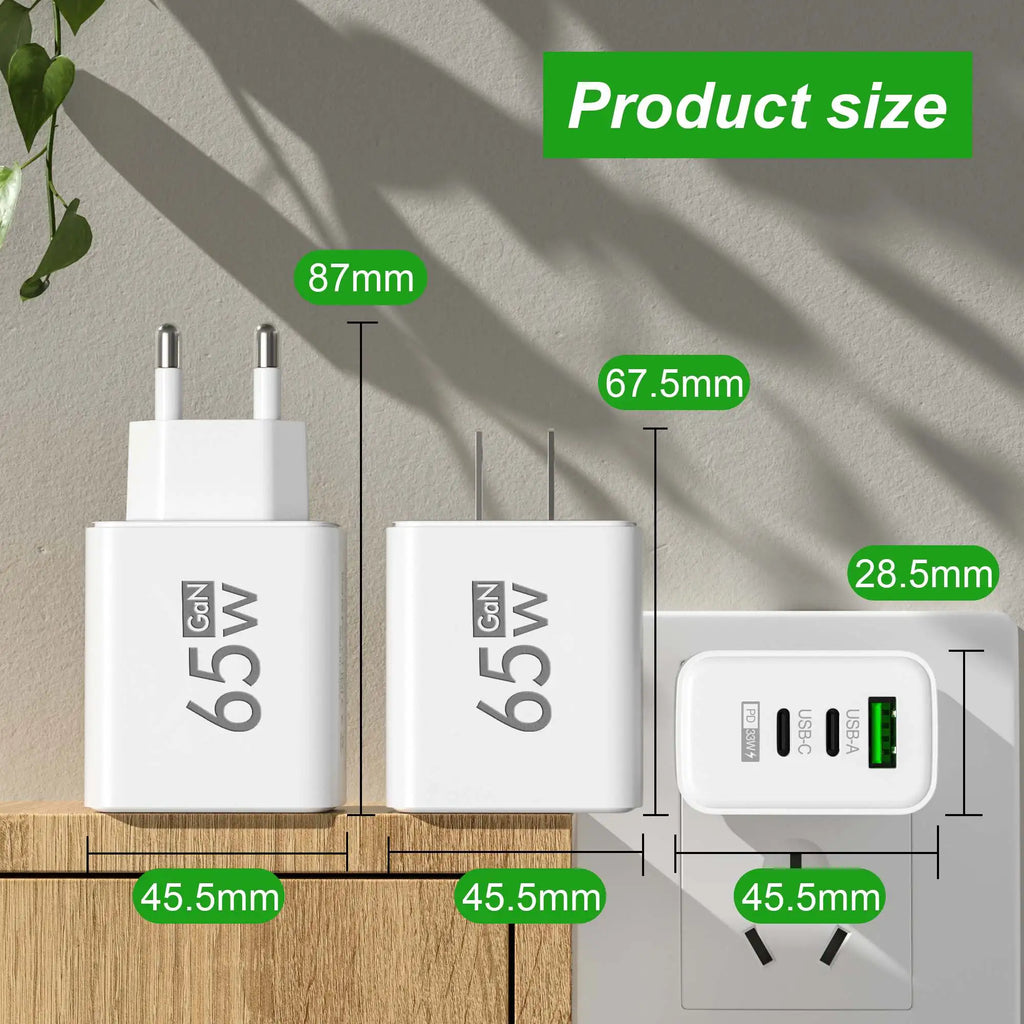 Chargeur USB 65W pour téléphone portable, charge rapide, adaptateur d'alimentation de voyage pour iPhone Xiaomi Samsung Huawei