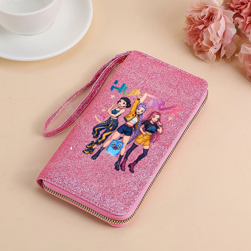 Portefeuille long KPop Demon Hunters pour femmes, à paillettes et fermeture éclair, en cuir PU, porte-monnaie, porte-cartes d'identité, pochette pour femme