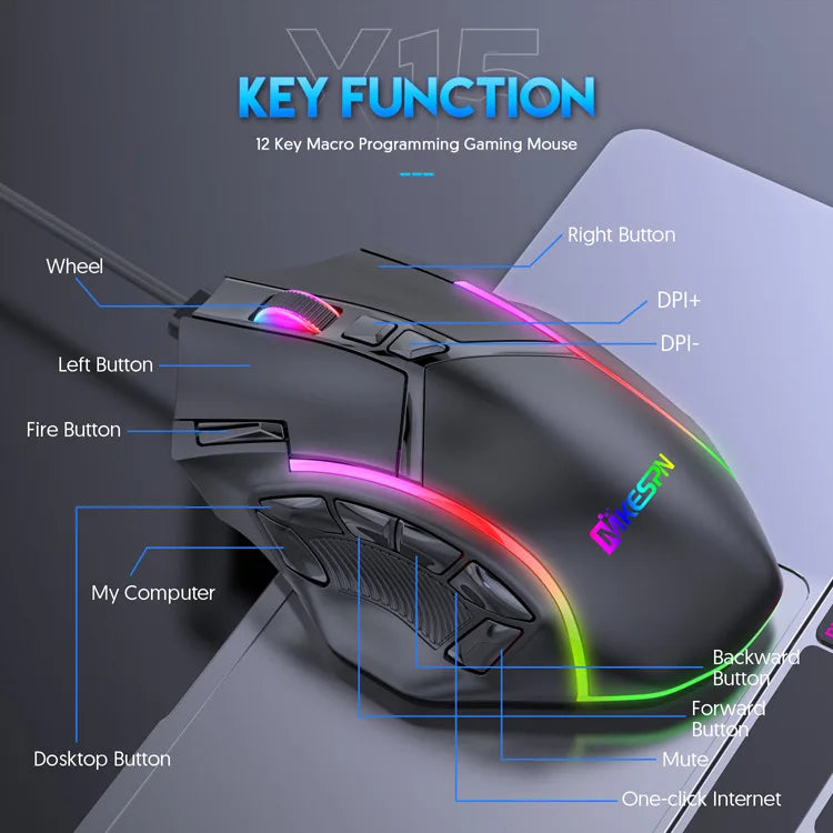 Souris gaming 12800 DPI sans poids, macro RGB, 12 touches programmables, éclairage RGB jusqu'à 6 niveaux, compatible PC, Mac, PC portable et PUBG.