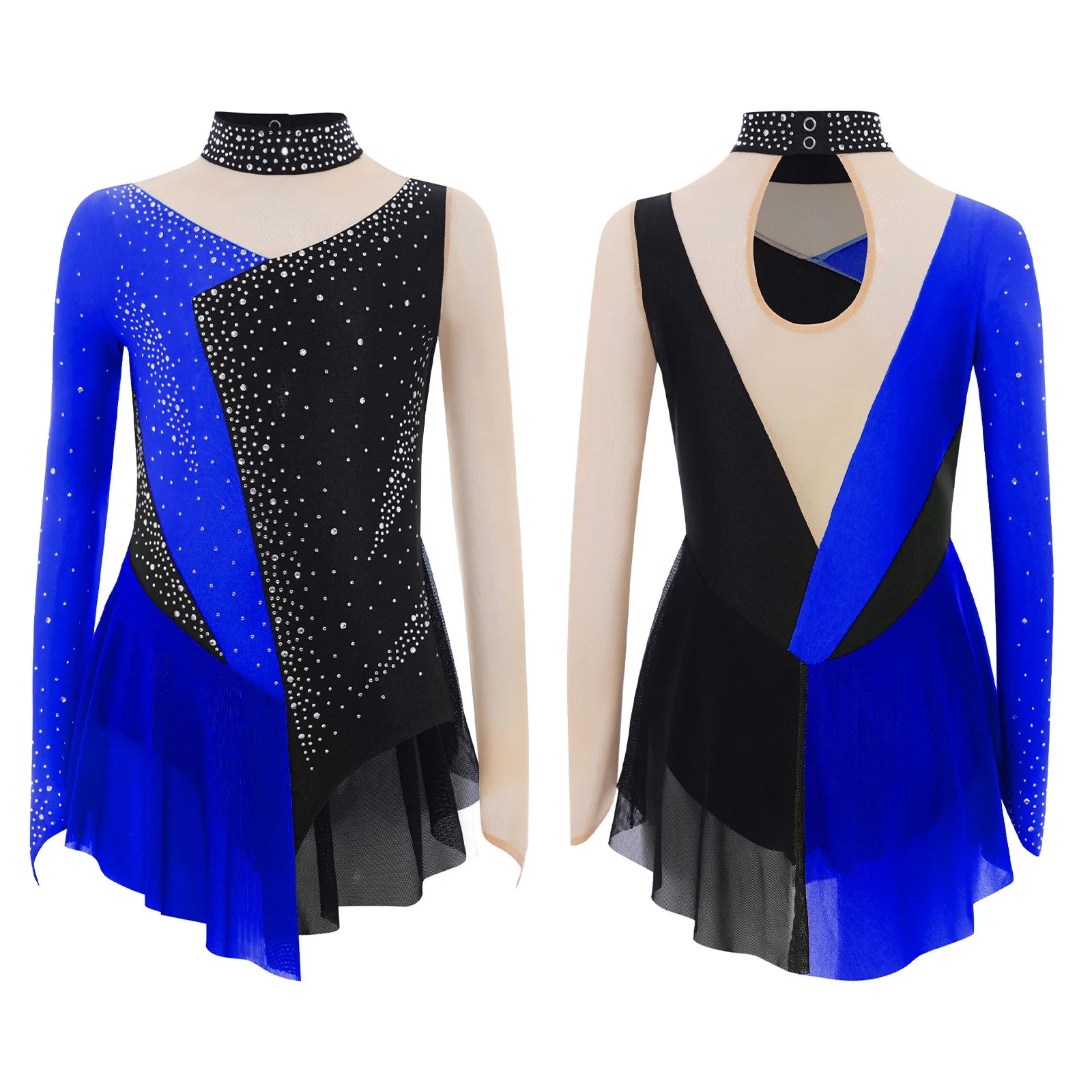 Robe de patinage artistique pour enfants filles, manches longues, strass, maille transparente, body de gymnastique, danse lyrique, Ballet, acrobatie, justaucorps