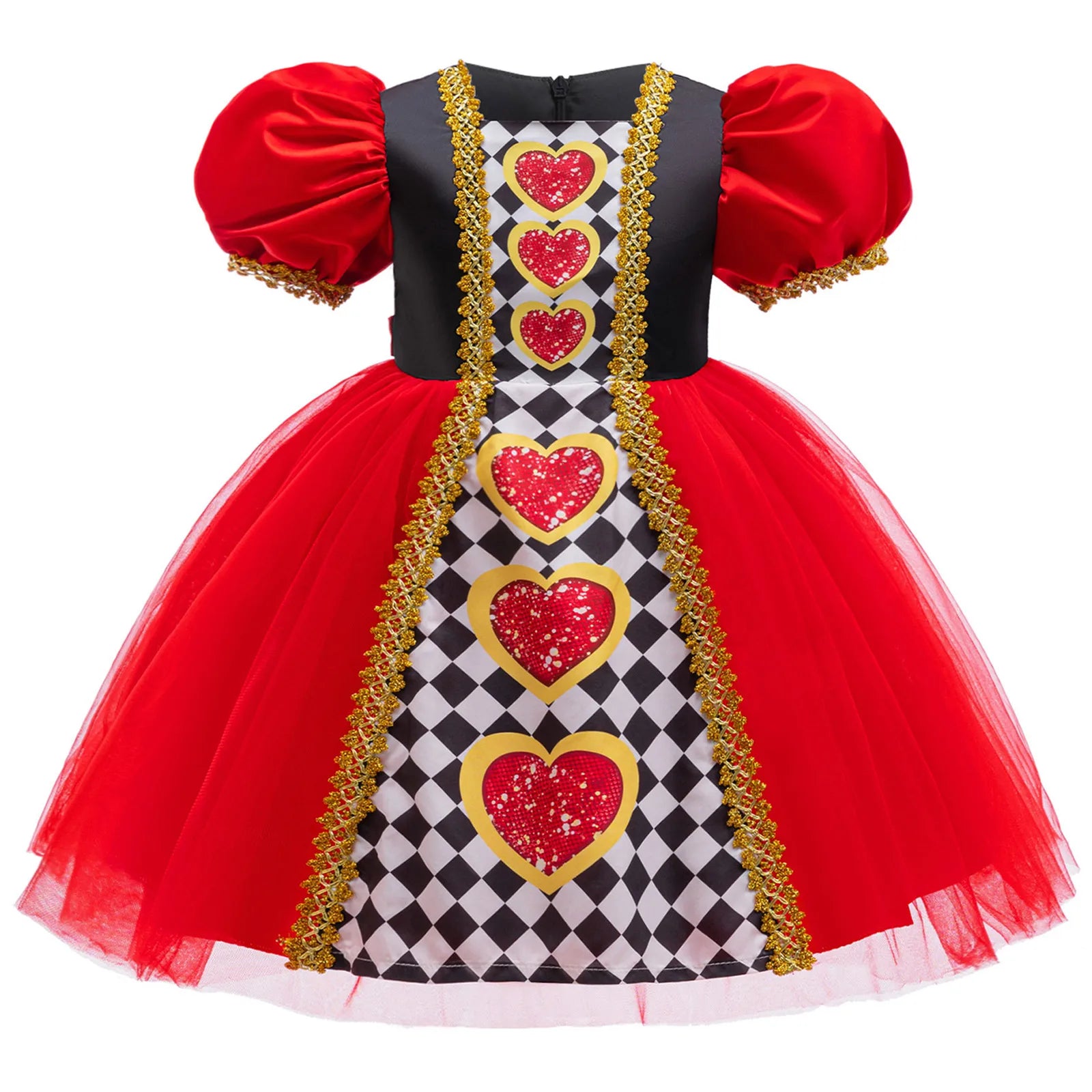 Costume de princesse cœurs rouges pour enfants filles, robe Tutu en Tulle à manches bouffantes, sangle dorée, fête à thème d'halloween, robe de jeu de rôle reine