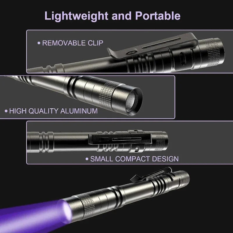 Lampe de poche UV 395nm, torche ultraviolette avec pince à stylo, piles AAA portables utilisées, lumière violette, détecteur d'urine d'animaux domestiques, lampe UV