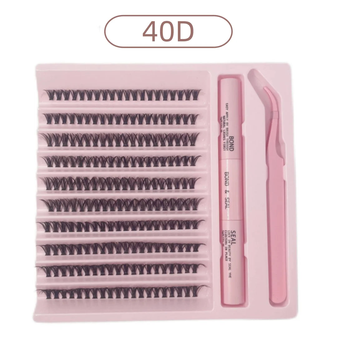 DiY Cluster Lashes Kit 200 Pcs: 8-16mm Mixed, Bond & Seal Glue, Tweezers for Natural Self Application Look