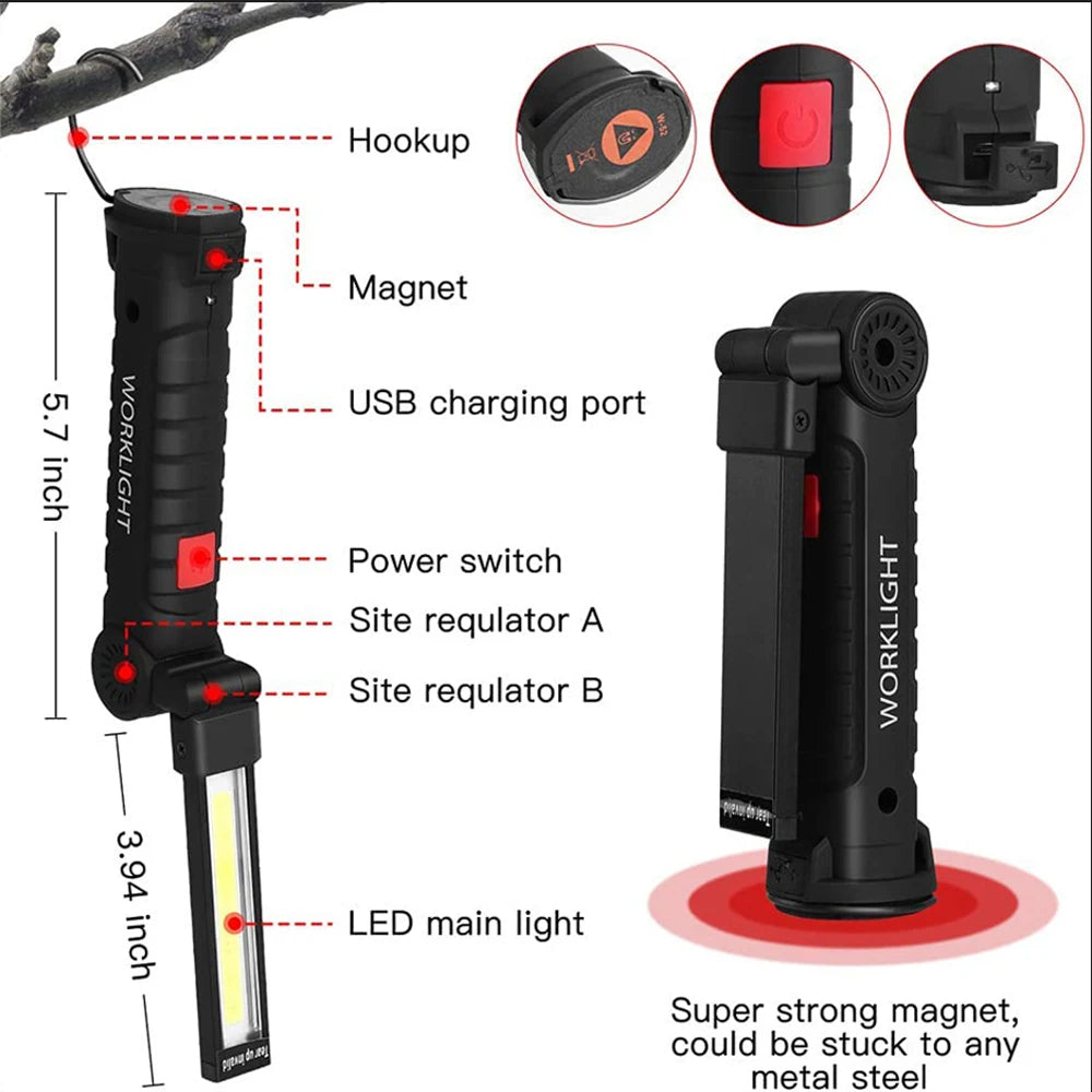 Lampe de poche USB, torche Rechargeable, outil cadeaux pour hommes, lampe de travail LED avec Base magnétique, 5 Modes pour la maison et le Camping en plein air