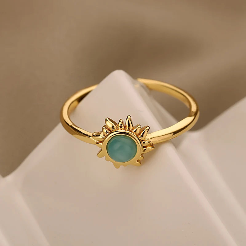 Bagues solaires en pierre opale en acier inoxydable pour femmes et hommes, décor étoile solaire, anneaux ouverts couleur or, bijoux esthétiques romantiques, cadeau de Couple