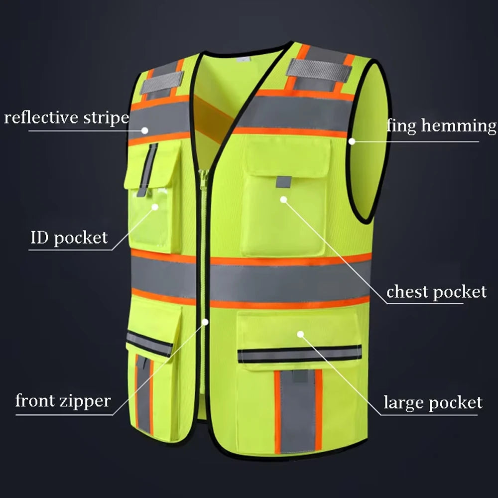 Gilet de travail personnalisé avec logo pour hommes, vêtement de sécurité pour le secteur de la construction, avec poches et fermeture éclair