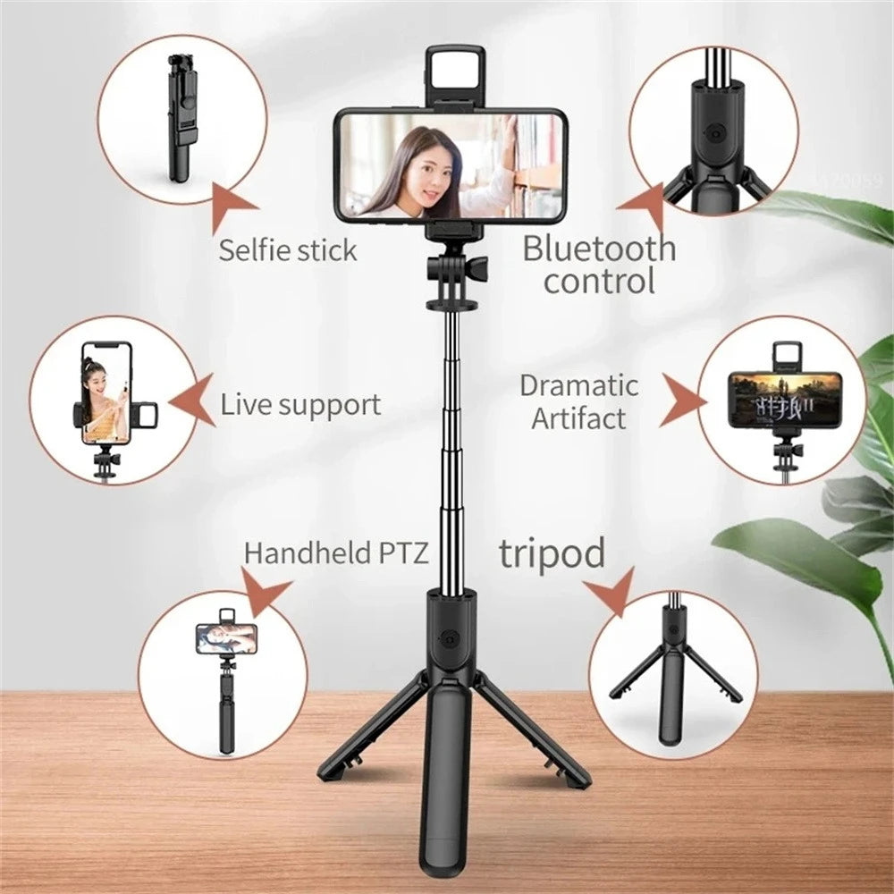 Perche à selfie sans fil avec trépied, lampe et télécommande Bluetooth extensible pour iPhone et streaming TikTok en direct