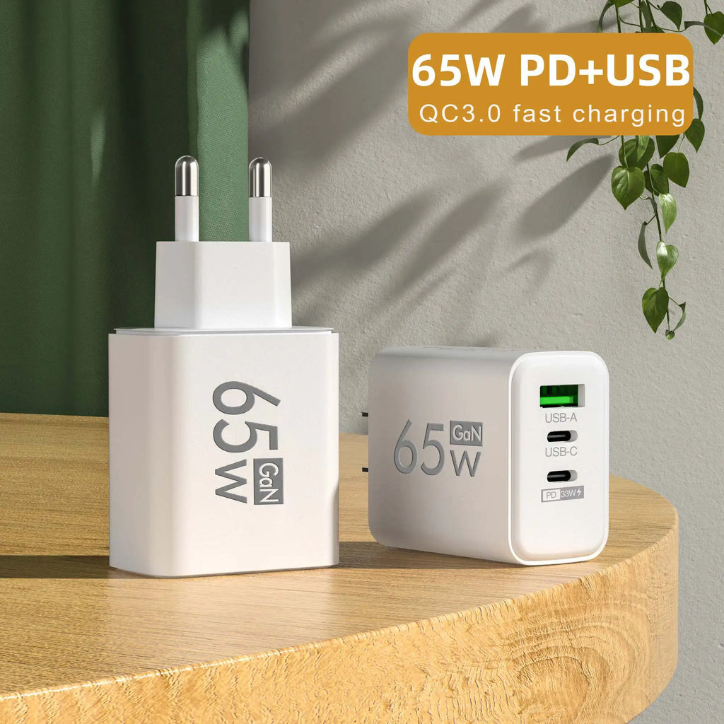 Chargeur USB 65W pour téléphone portable, charge rapide, adaptateur d'alimentation de voyage pour iPhone Xiaomi Samsung Huawei